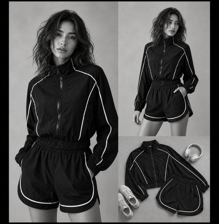 Set Rompevientos Luxury Fit Negro | Chamarra + Short Deportivo + 1 Calcetas de regalo