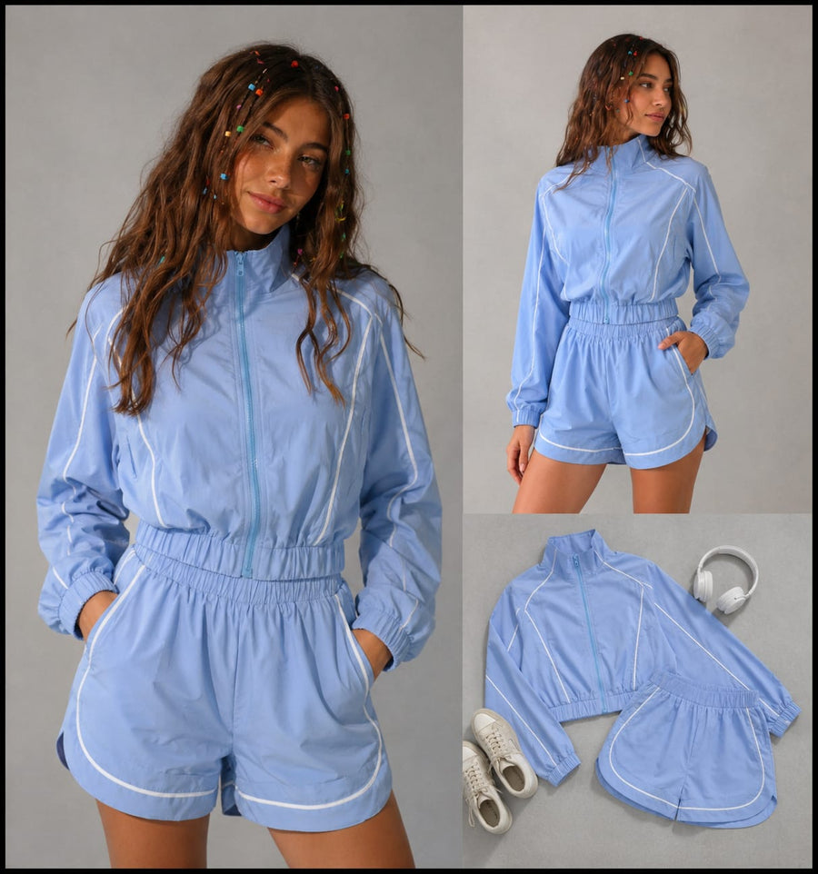 Set Rompevientos Luxury Fit Azul | Chamarra + Short Deportivo + 1 Calcetas de regalo