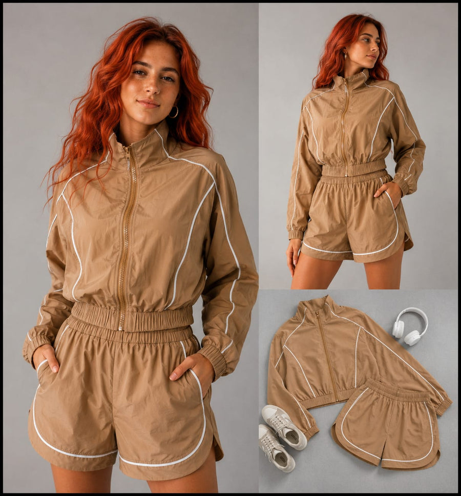 Set Rompevientos Luxury Fit Café | Chamarra + Short Deportivo + 1 Calcetas de regalo